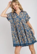Umgee Animal Print Tiered Dress in Slate Blue
