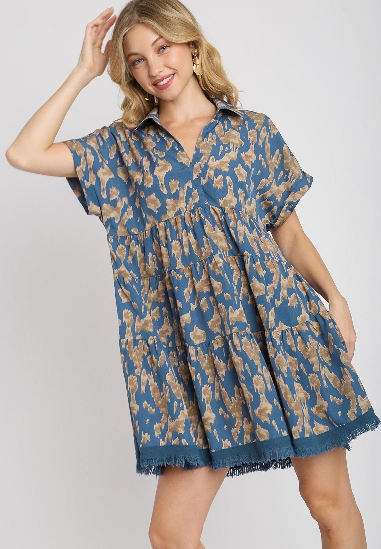 A5742_0c_1.jpg Umgee Animal Print Tiered Dress in Slate Blue - Image 1
